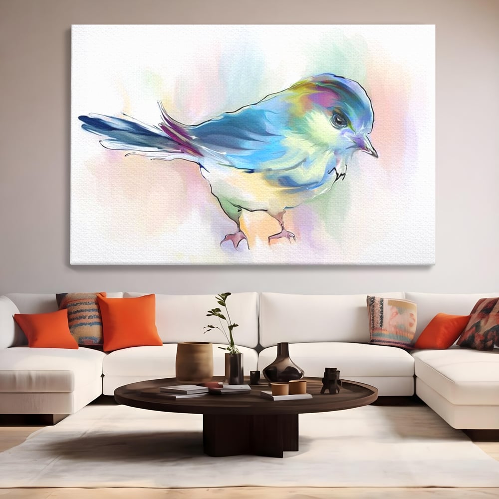 Tablou canvas cu tablou canvas cu pasare colorata in acuarela, fara rama, pe sasiu de lemn, pe perete intr-un living